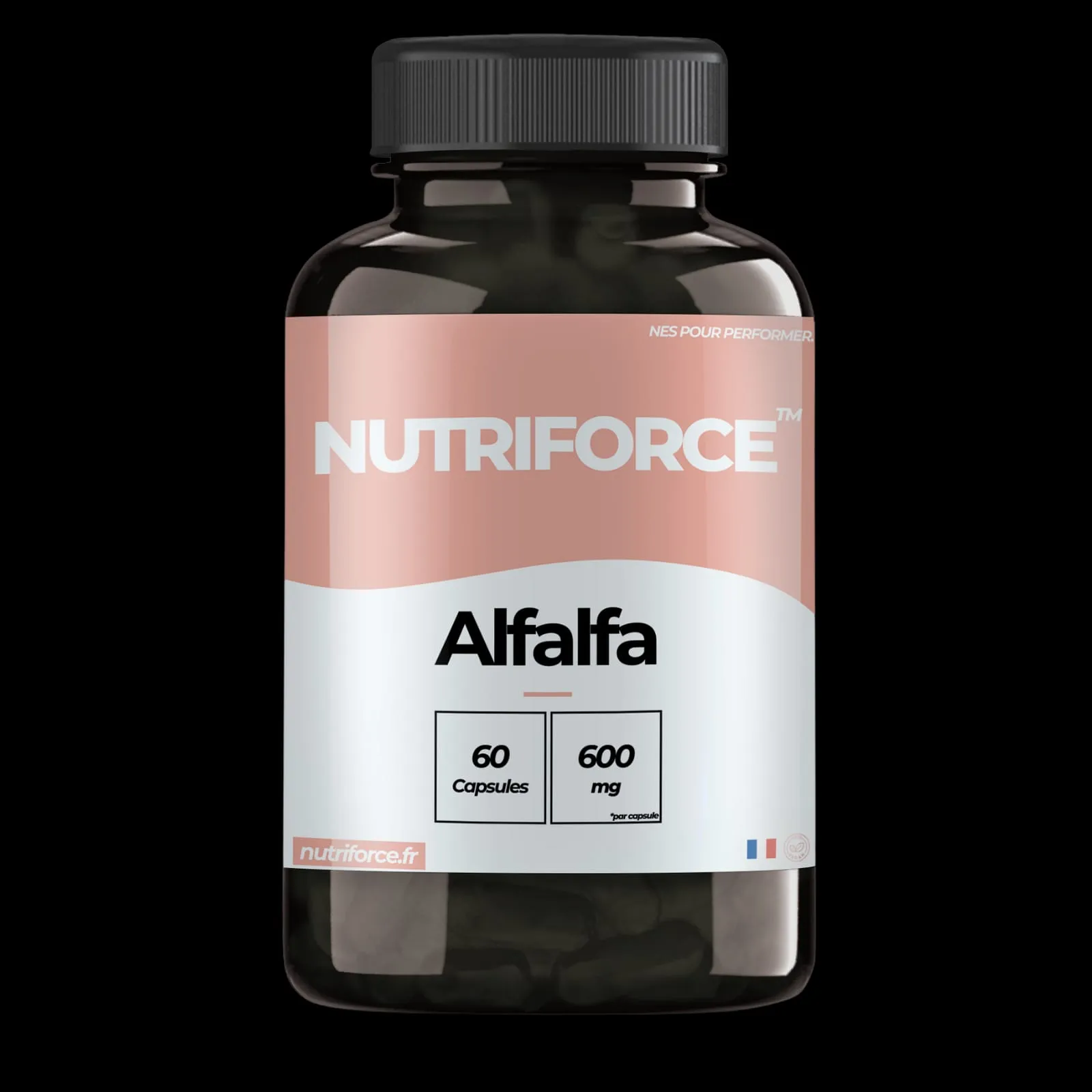 Pot de gélules d'Alfalfa Nutriforce, superaliment reminéralisant pour la digestion et la vitalité quotidienne