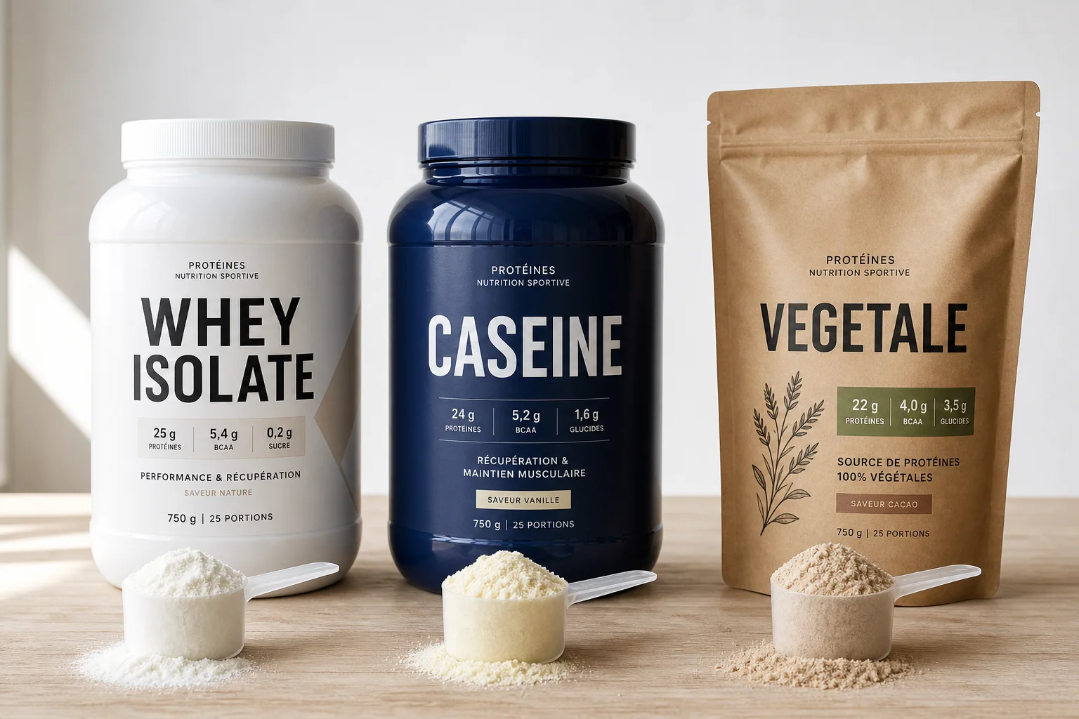 Trois contenants côte à côte : whey isolate, caséine micellaire et protéine végétale de pois sur fond bois clair