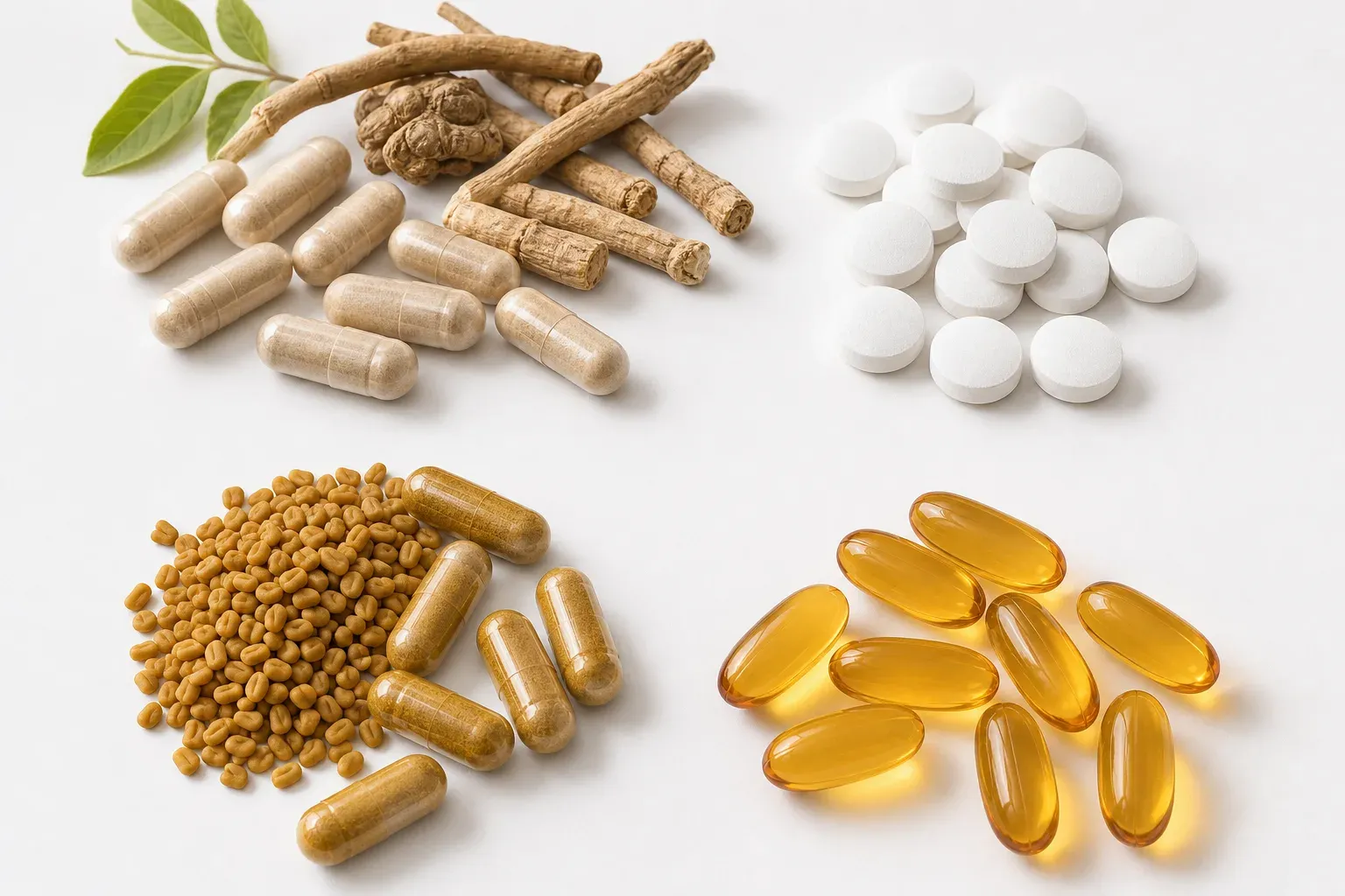 Compléments alimentaires naturels pour booster la testostérone : ashwagandha, zinc, fenugrec et vitamine D disposés sur fond neutre