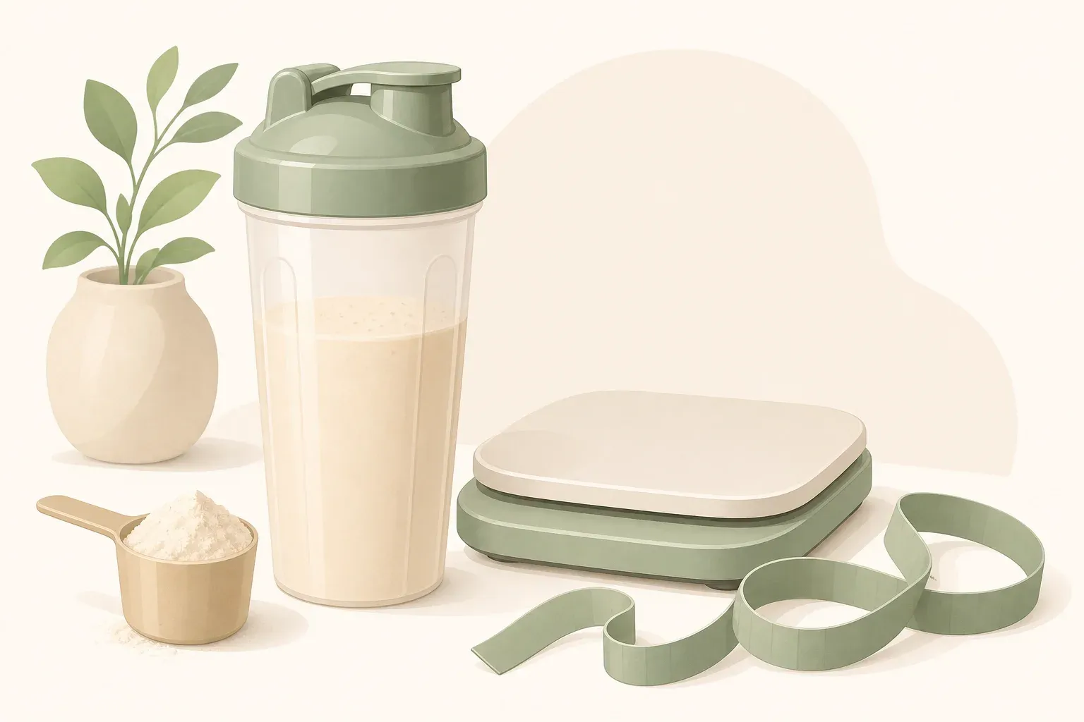 Shaker de protéine whey isolate posé à côté d'une balance de cuisine et d'un mètre ruban
