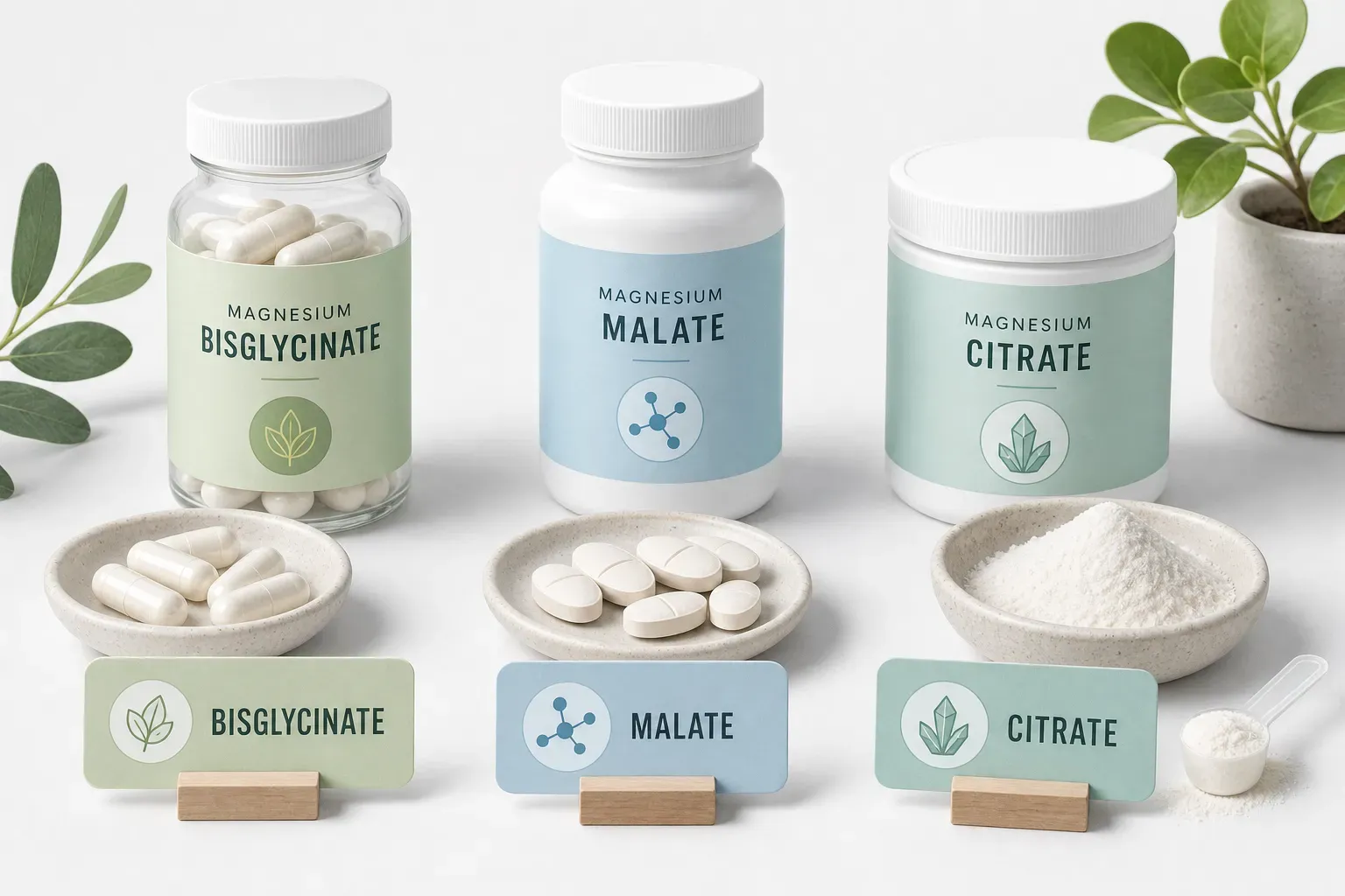 Comparatif formes de magnésium bisglycinate malate citrate sur fond clair épuré